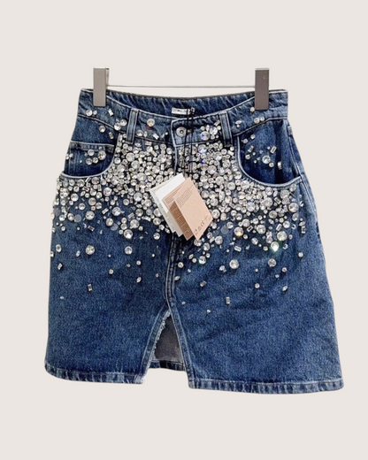 Miu Miu Crystal-Embellished Denim Mini Skirt Blue, Silver FR 40