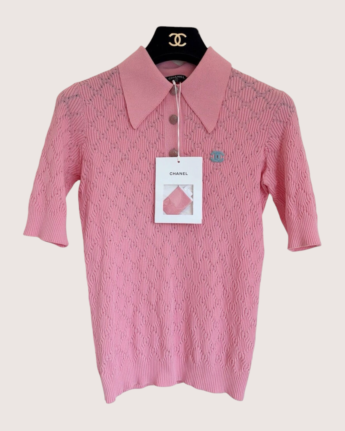 Chanel 20P Wool CC Polo Top Pink FR 34