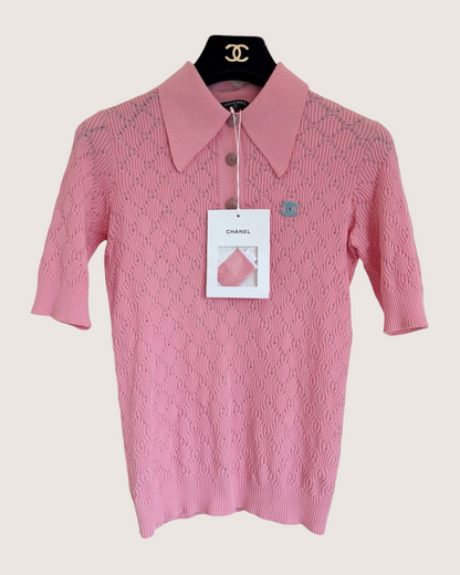 Chanel 20P Wool CC Polo Top Pink FR 34