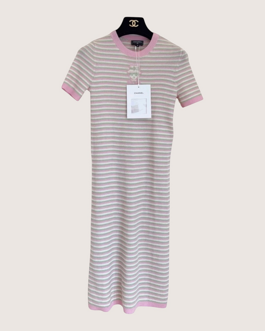 Chanel 25B Striped Cashmere Mini Dress - Pink, White, Green