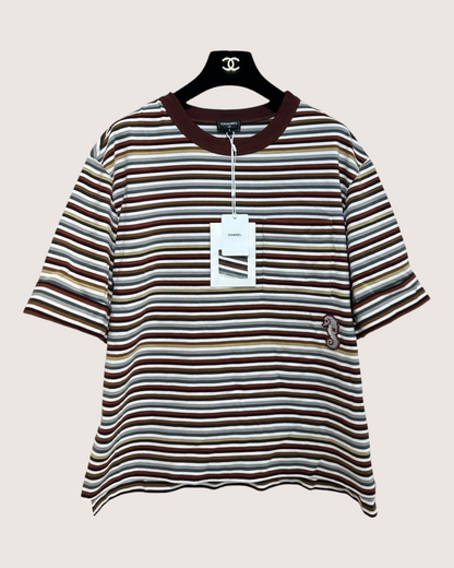 Chanel 26M Coco Beach Striped Seahorse T-Shirt Burgundy, White, Blue, Multicolor FR 34