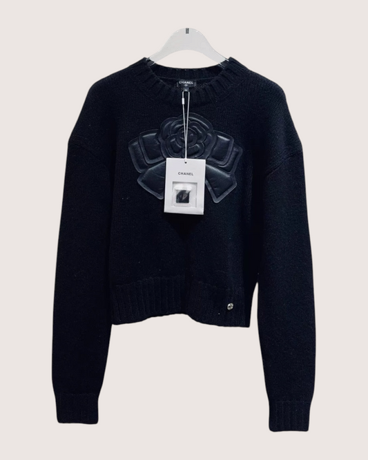 Chanel 20K Wool Cropped Camellia Sweater - Black