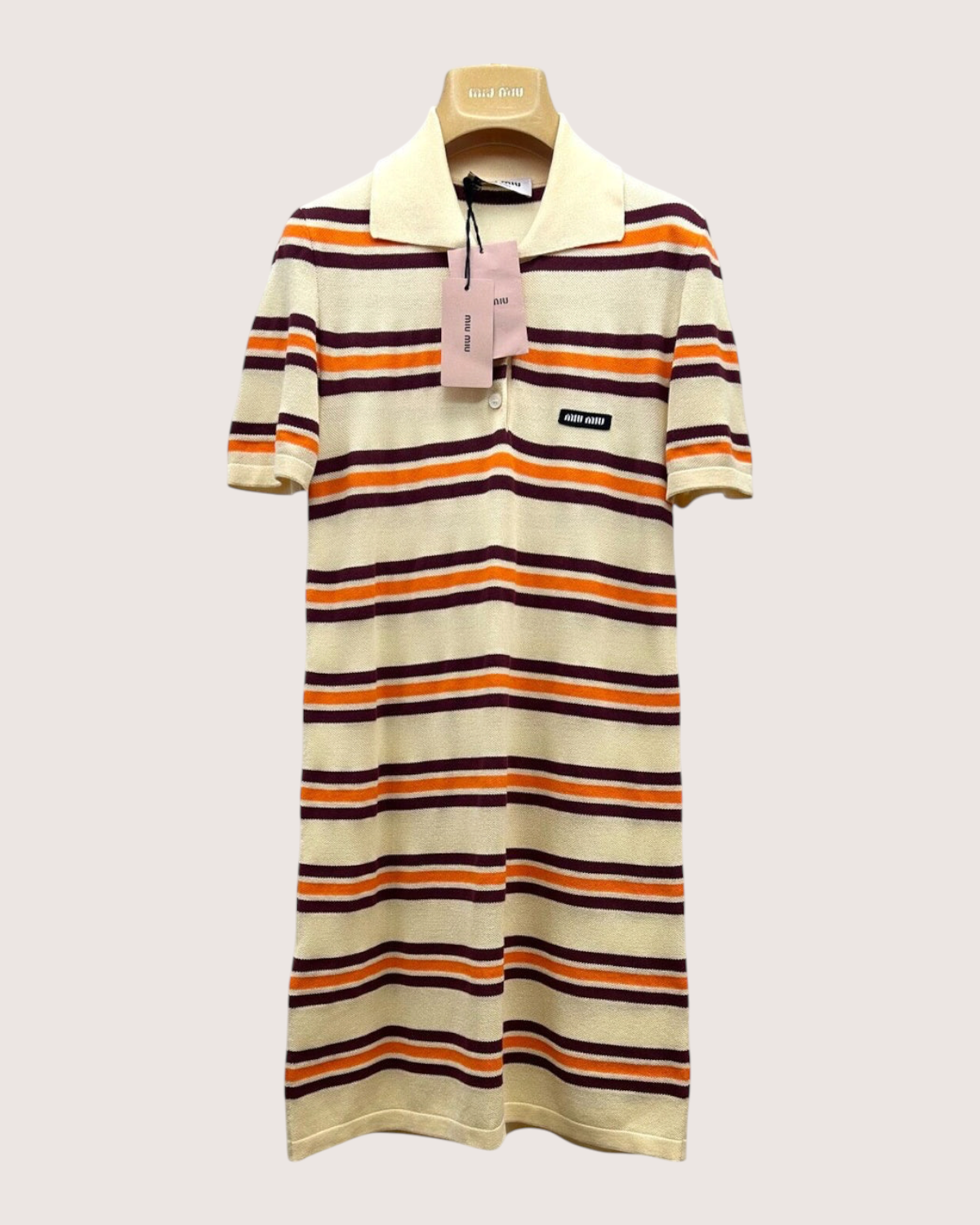 Miu Miu Striped Polo Mid-Length Dress Beige/Ecru, Burgundy, Orange FR 36