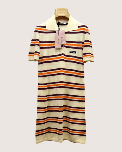 Miu Miu Striped Polo Mid-Length Dress Beige/Ecru, Burgundy, Orange FR 36