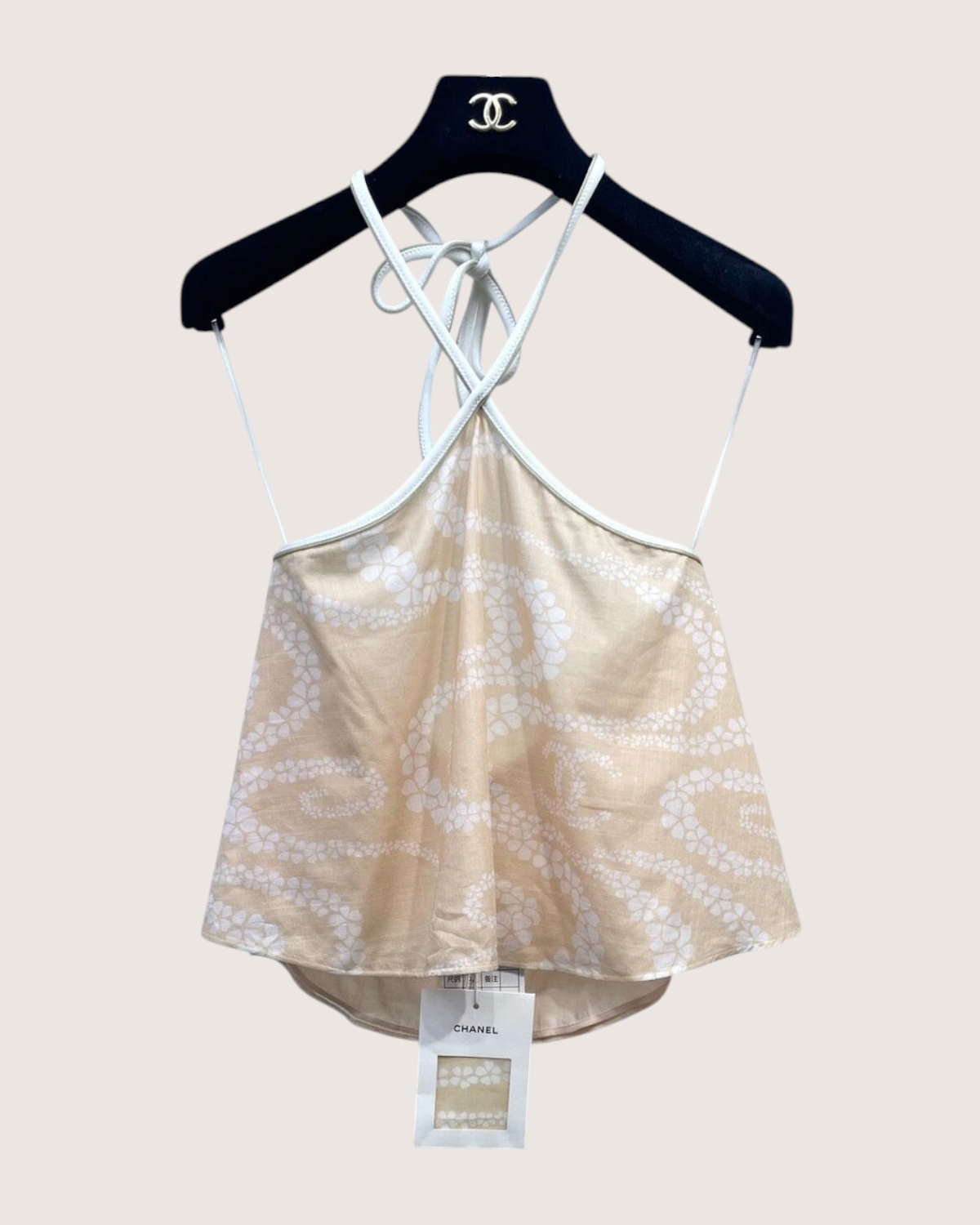 Chanel 25M Coco Beach Floral Halter Top Beige/Ecru, White FR 34