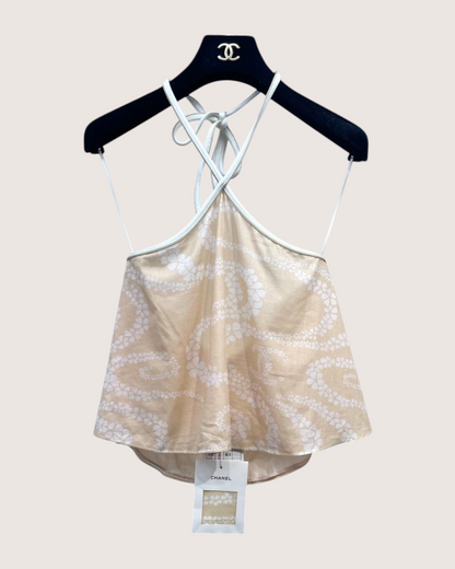 Chanel 25M Coco Beach Floral Halter Top Beige/Ecru, White FR 34