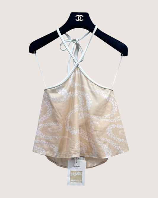 Chanel 25M Coco Beach Floral Halter Top Beige/Ecru, White FR 34