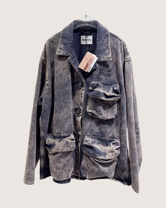 Miu Miu Distressed Denim Four-Pocket Jacket - Grey, Brown