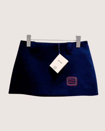 Miu Miu Wool Logo-Patch Mini Skirt Navy IT 36