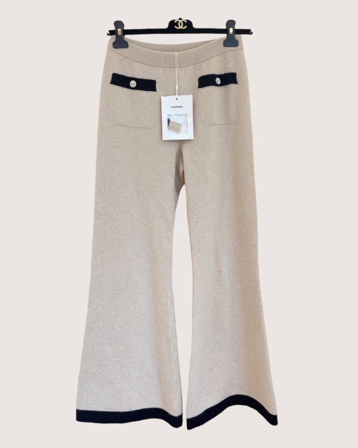 Chanel 25K Cashmere Contrast-Trim Flared Trousers Beige/Ecru, Black FR 34