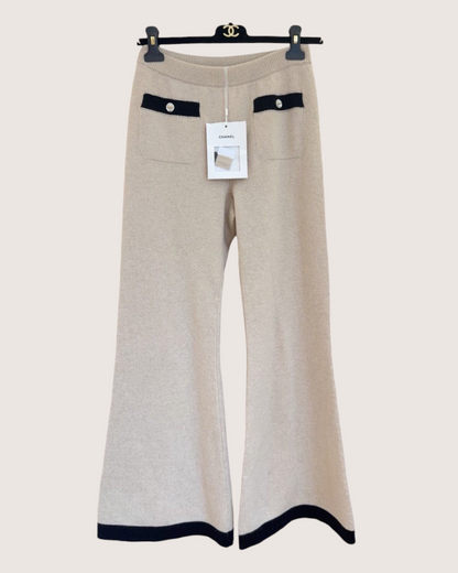 Chanel 25K Cashmere Contrast-Trim Flared Trousers Beige/Ecru, Black FR 34