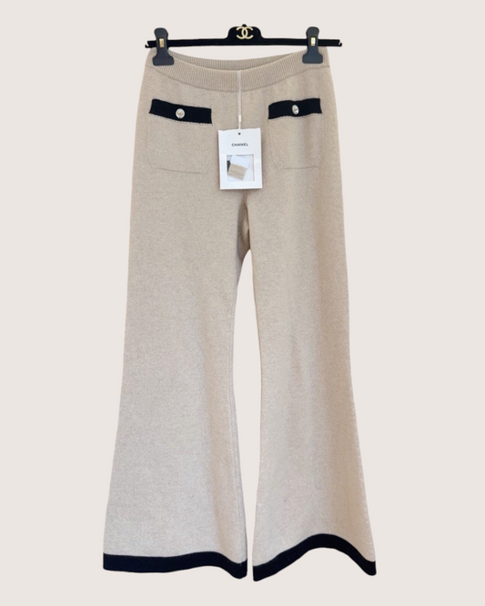 Chanel 25K Cashmere Contrast-Trim Flared Trousers Beige/Ecru, Black FR 34