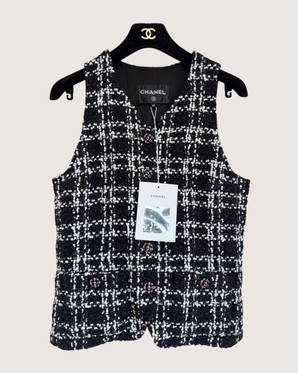 Chanel 22K Sequin Check Tweed Vest Black, White FR 38