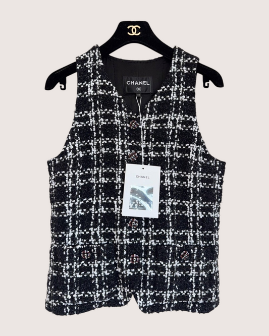 Chanel 22K Sequin Check Tweed Vest Black, White FR 38