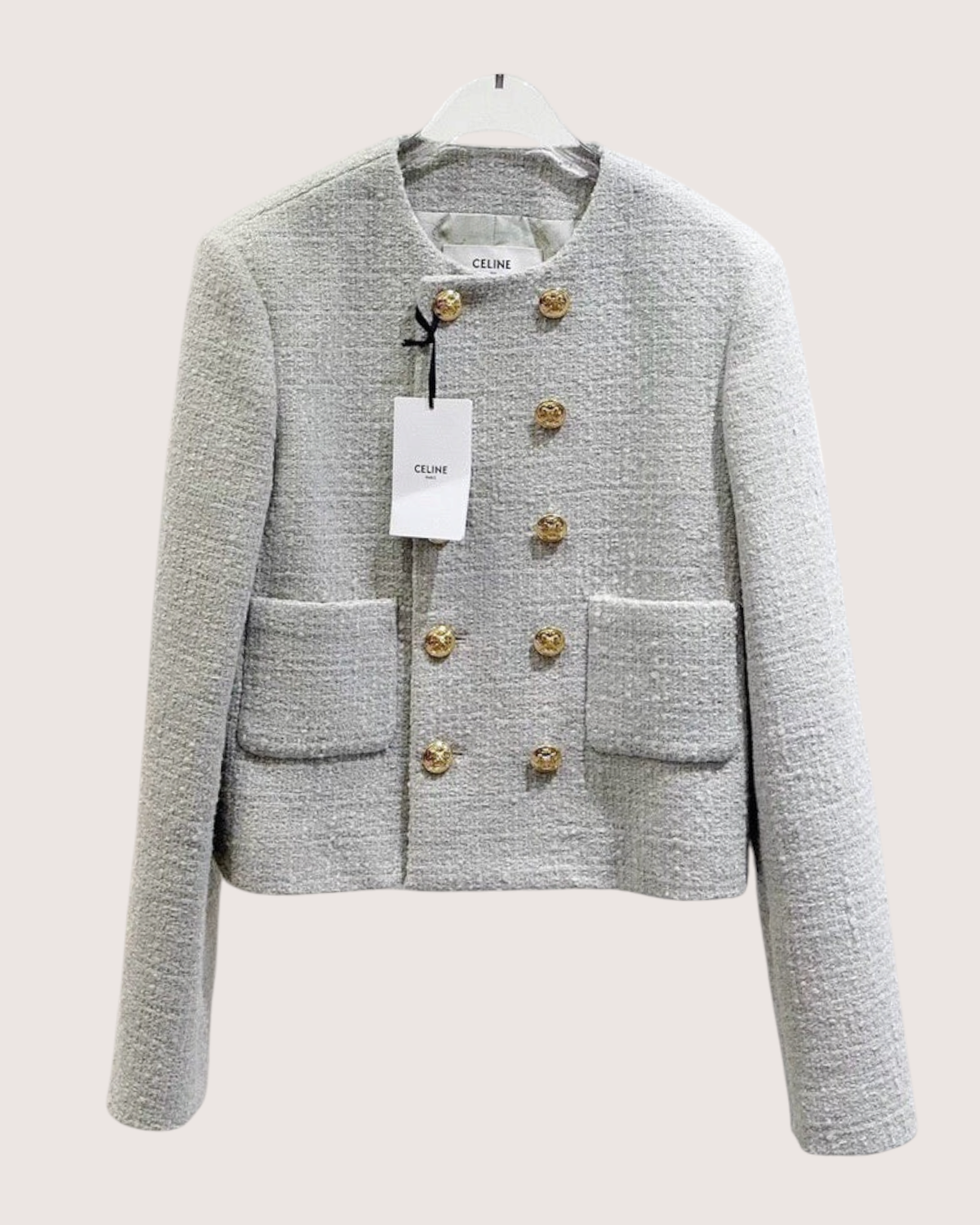 Celine Cropped Double-Breasted Tweed Jacket Grey FR 38