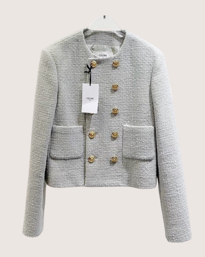 Celine Cropped Double-Breasted Tweed Jacket Grey FR 38