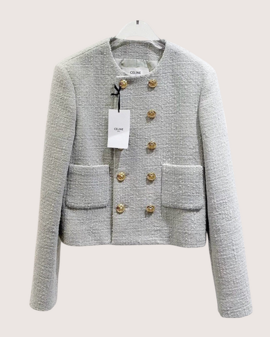 Celine Cropped Double-Breasted Tweed Jacket Grey FR 38