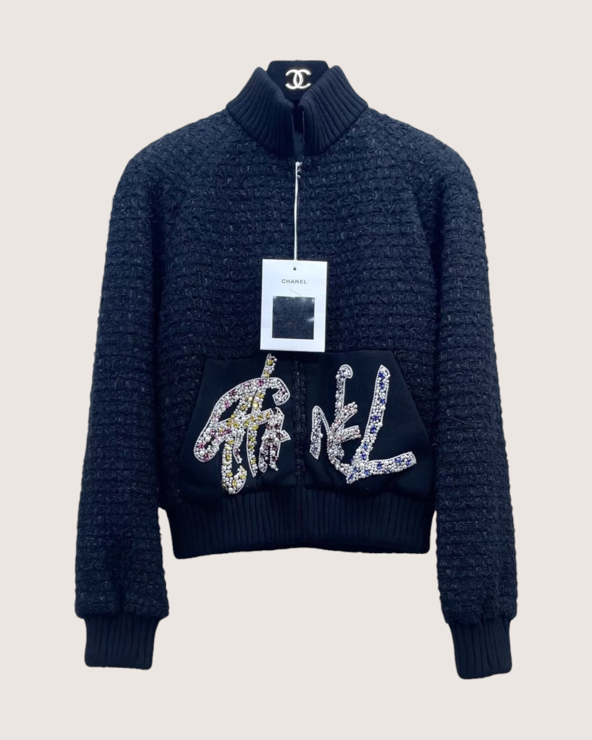 Chanel 22A Pearl & Crystal Embellished Logo Zip-Up Tweed Jacket Black FR 34