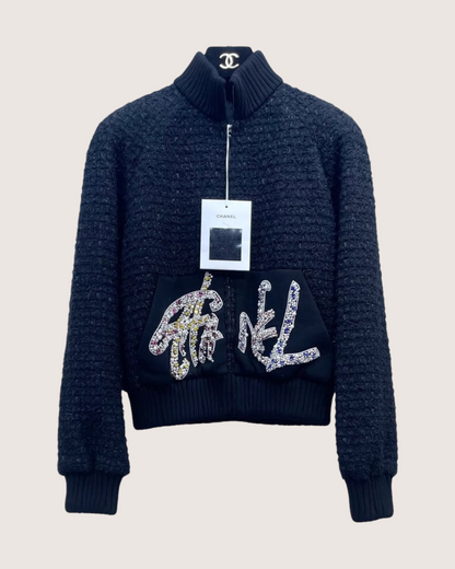 Chanel 22A Pearl & Crystal Embellished Logo Zip-Up Tweed Jacket Black FR 34