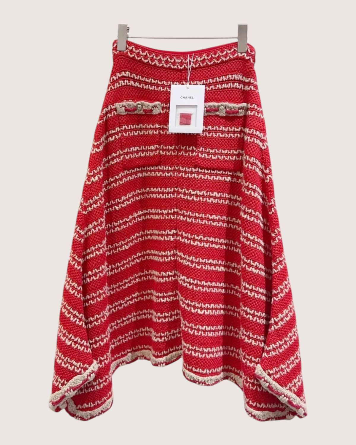 Chanel 21C Striped Mid-Length Skirt Red, Beige/Ecru FR 36