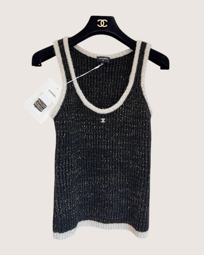 Chanel 25A CC Contrast-Trim Ribbed Tank Top Black, Beige/Ecru, Gold FR 36