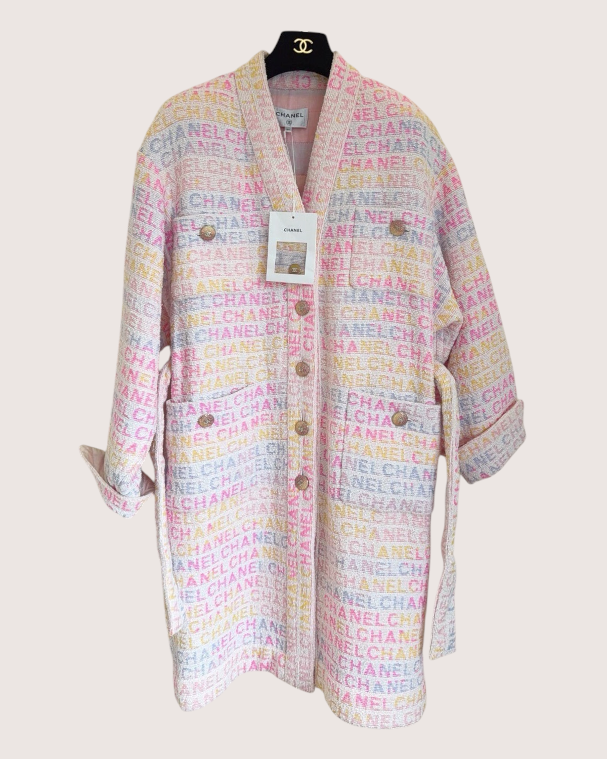 Chanel 24C Belted Logo Coat Pink, White, Multicolor FR 34