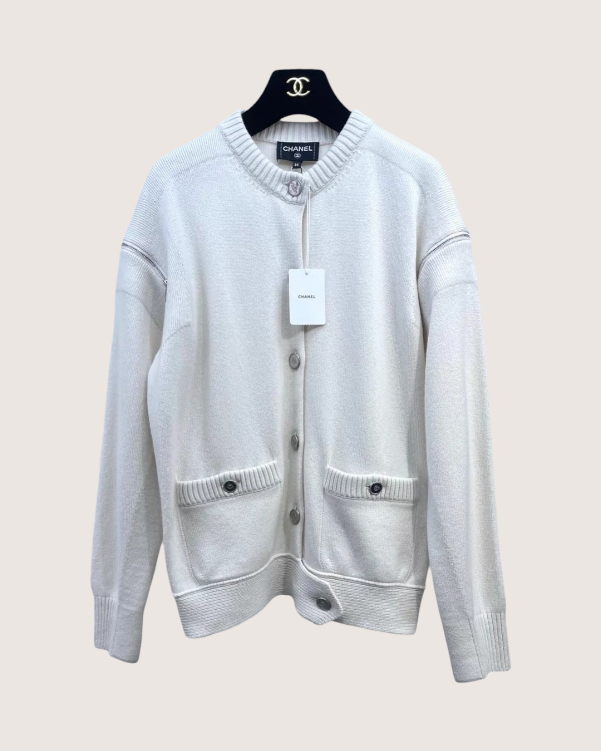 Chanel 25P Zipper Shoulder Cashmere Cardigan White FR 34