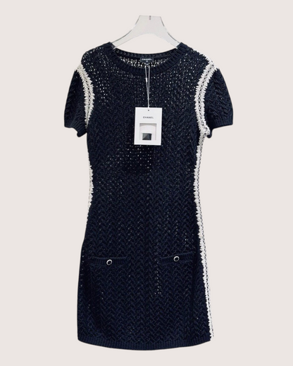 Chanel 22C Contrast-Trim Openwork Mini Dress Black, White FR 36