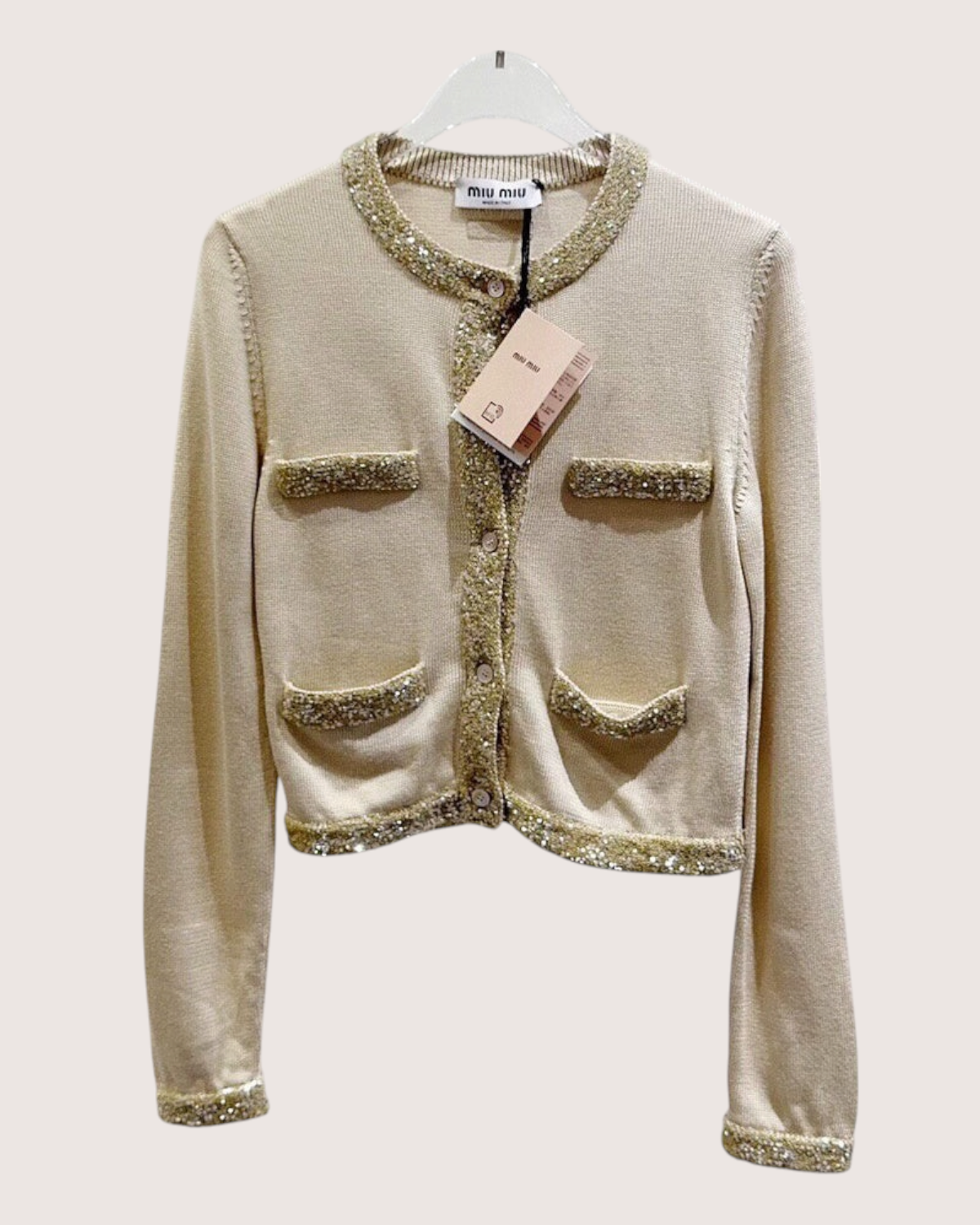 Miu Miu Sequin Four-Pocket Cardigan Beige/Ecru, Gold FR 36