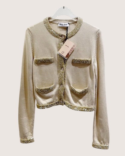 Miu Miu Sequin Four-Pocket Cardigan Beige/Ecru, Gold FR 36