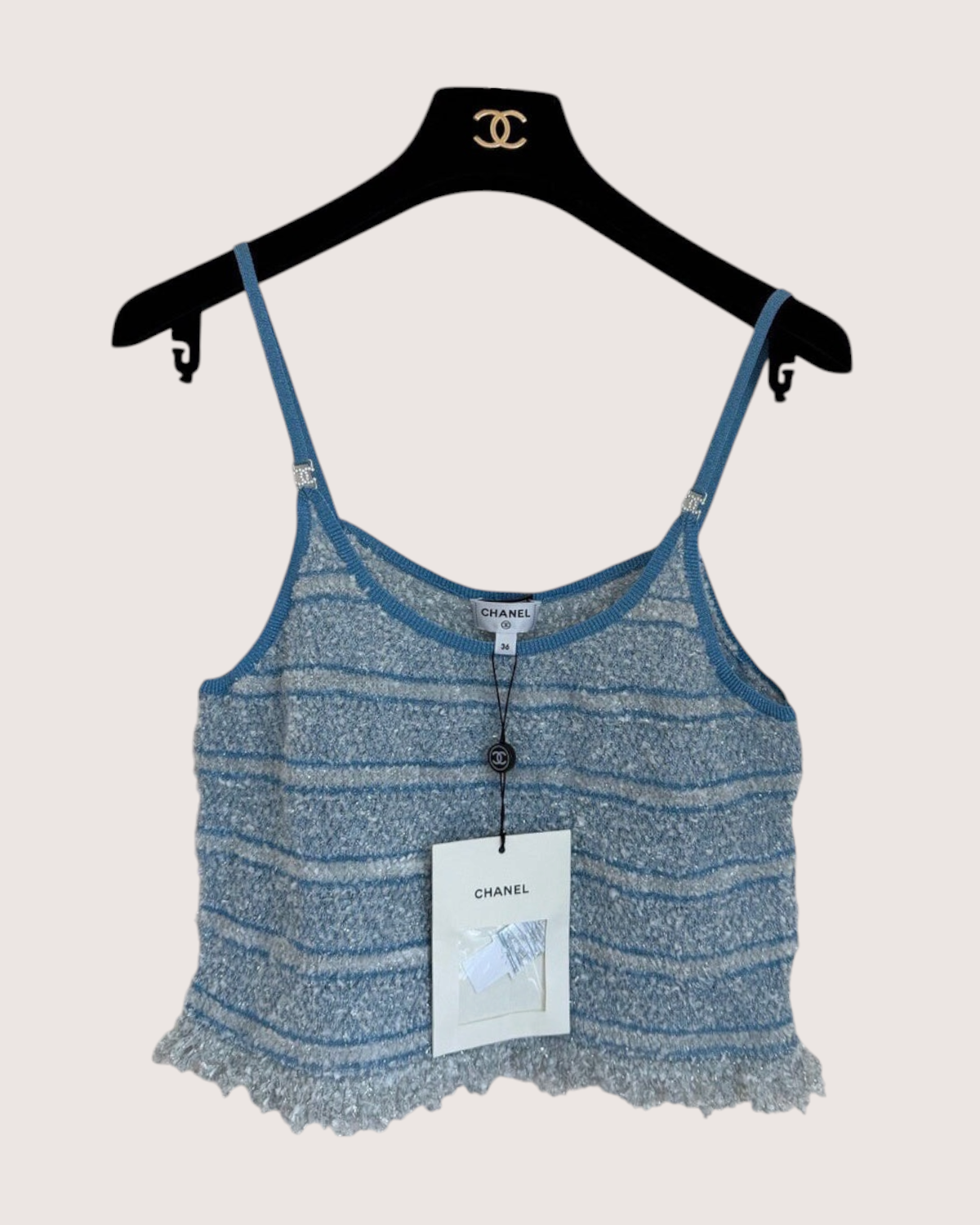 Chanel 26C Striped Bouclé Camisole Top Blue, Grey, Silver FR 36