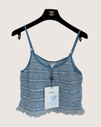 Chanel 26C Striped Bouclé Camisole Top Blue, Grey, Silver FR 36