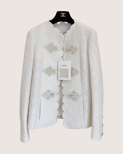 Chanel 20K Embroidered Tweed Jacket White, Beige/Ecru FR 34