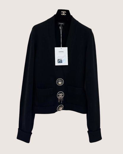 Chanel 22A Cashmere Cardigan w/ Embellished Buttons Black FR 36