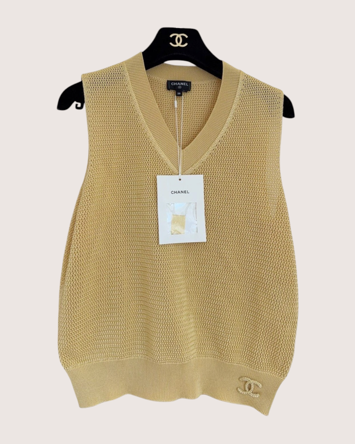Chanel 26S Openwork V-Neck Vest Yellow FR 38