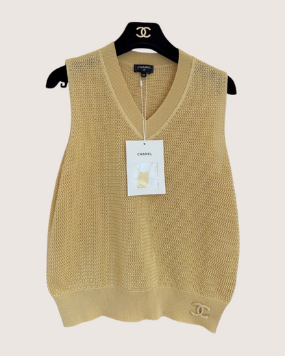 Chanel 26S Openwork V-Neck Vest Yellow FR 38