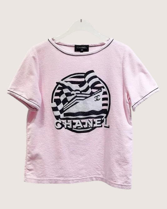 Chanel 19C La Pausa Logo Striped T-Shirt Pink, Black FR 34