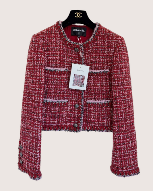 Chanel 25K Cropped Tweed Four-Pocket Jacket Red, Pink, Multicolor FR 38
