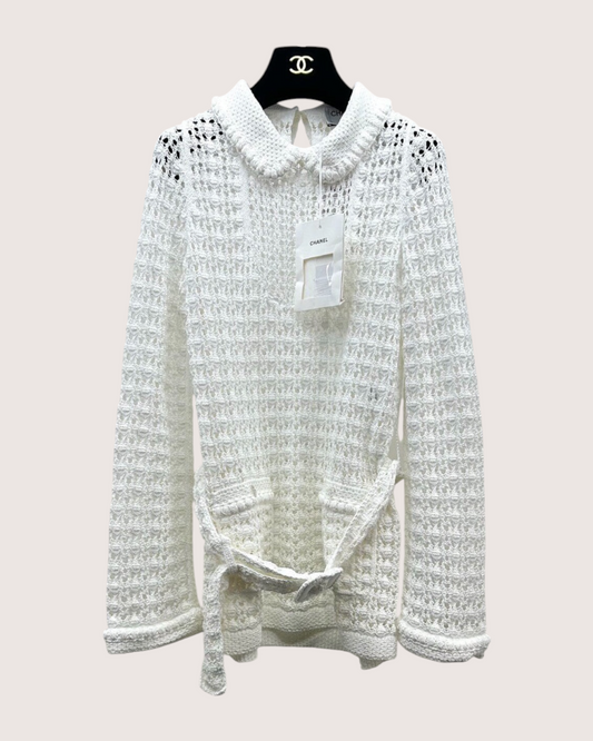 Chanel 26C Openwork Belted Sweater White FR 34