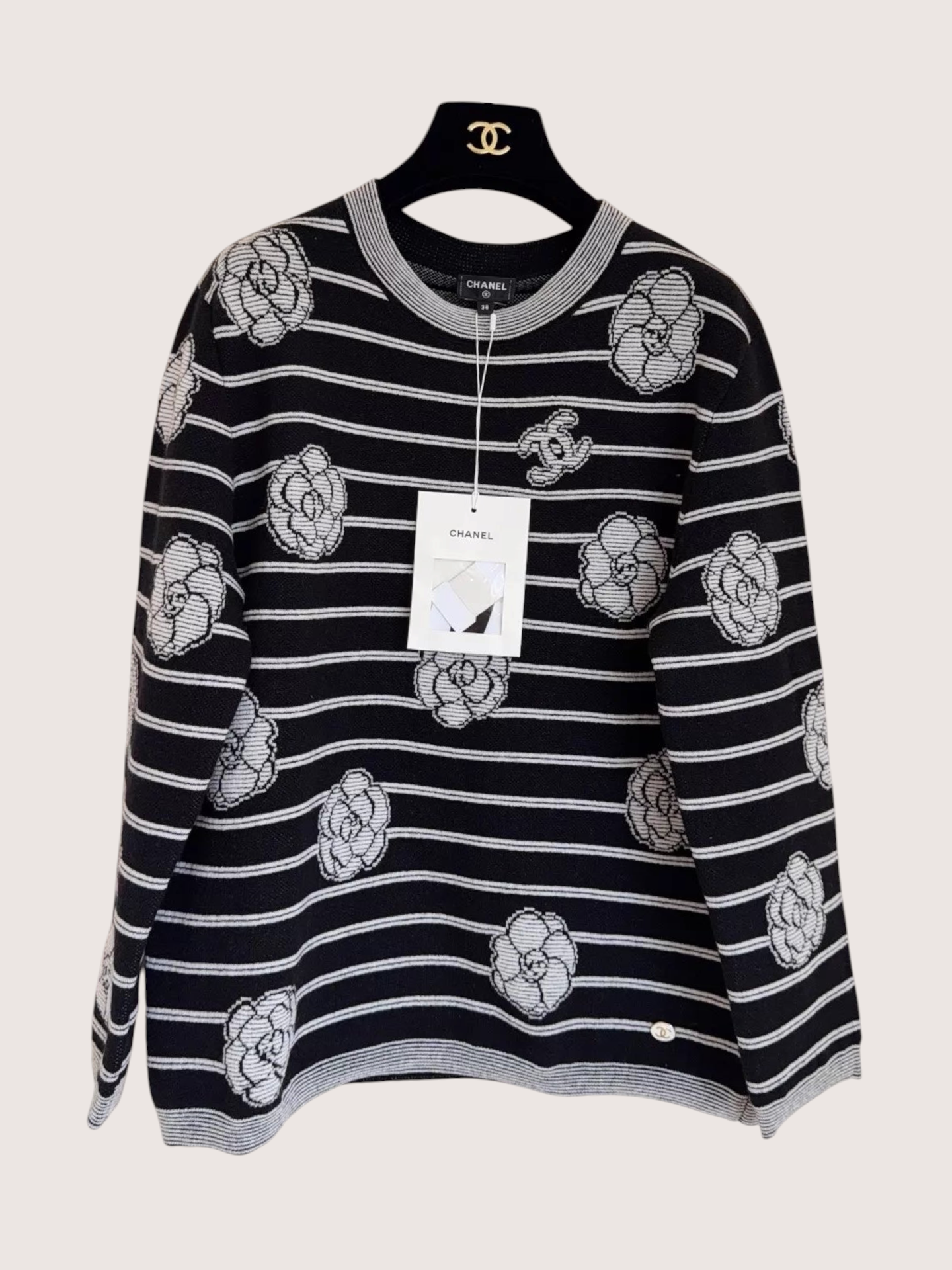 Chanel 23K Camellia Striped Knit Cashmere Sweater