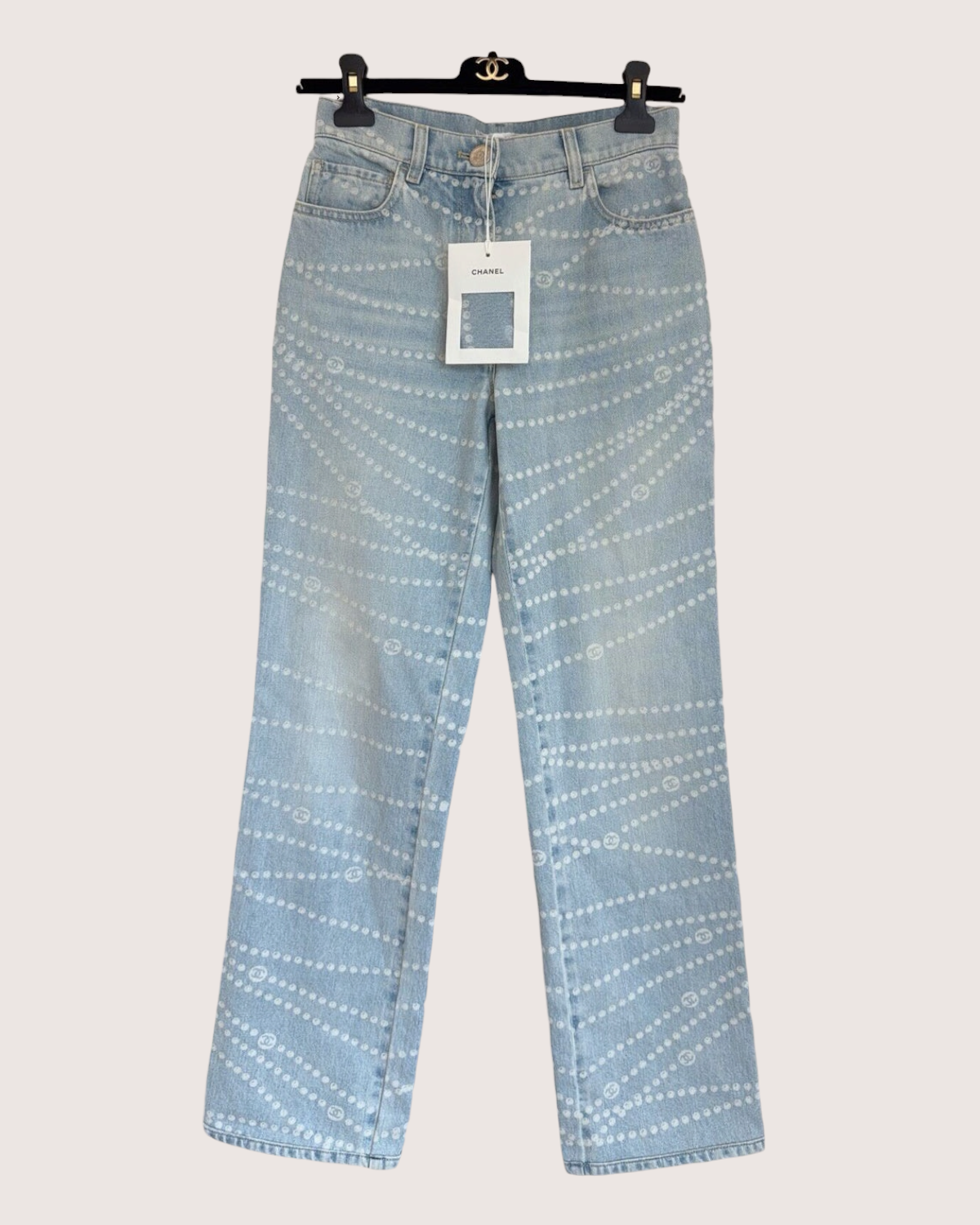 Chanel 25P Pearl Denim Straight Jeans Blue, White FR 40