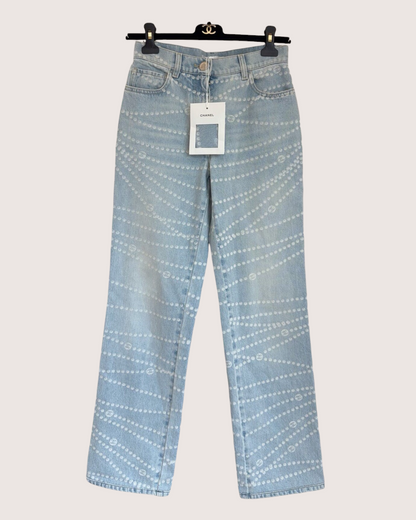 Chanel 25P Pearl Denim Straight Jeans Blue, White FR 40