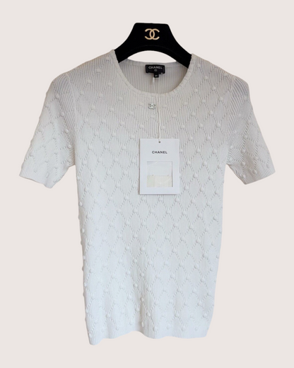 Chanel 22B Short-Sleeve Bobble Sweater White FR 34