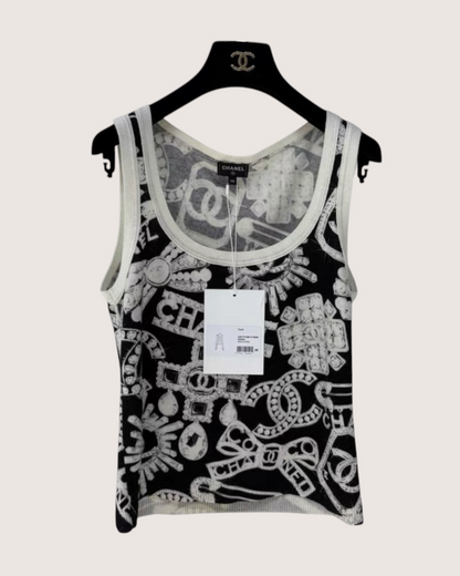 Chanel 23N Coco Neige Cashmere Jewelry-Print Top Black, White FR 34