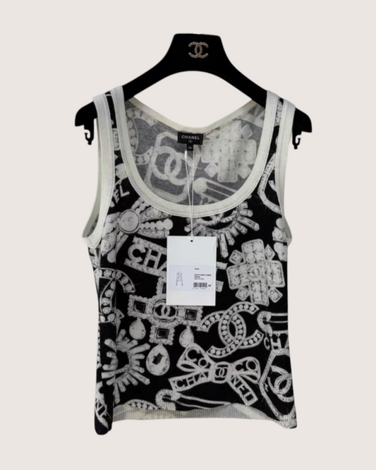Chanel 23N Coco Neige Cashmere Jewelry-Print Top Black, White FR 34
