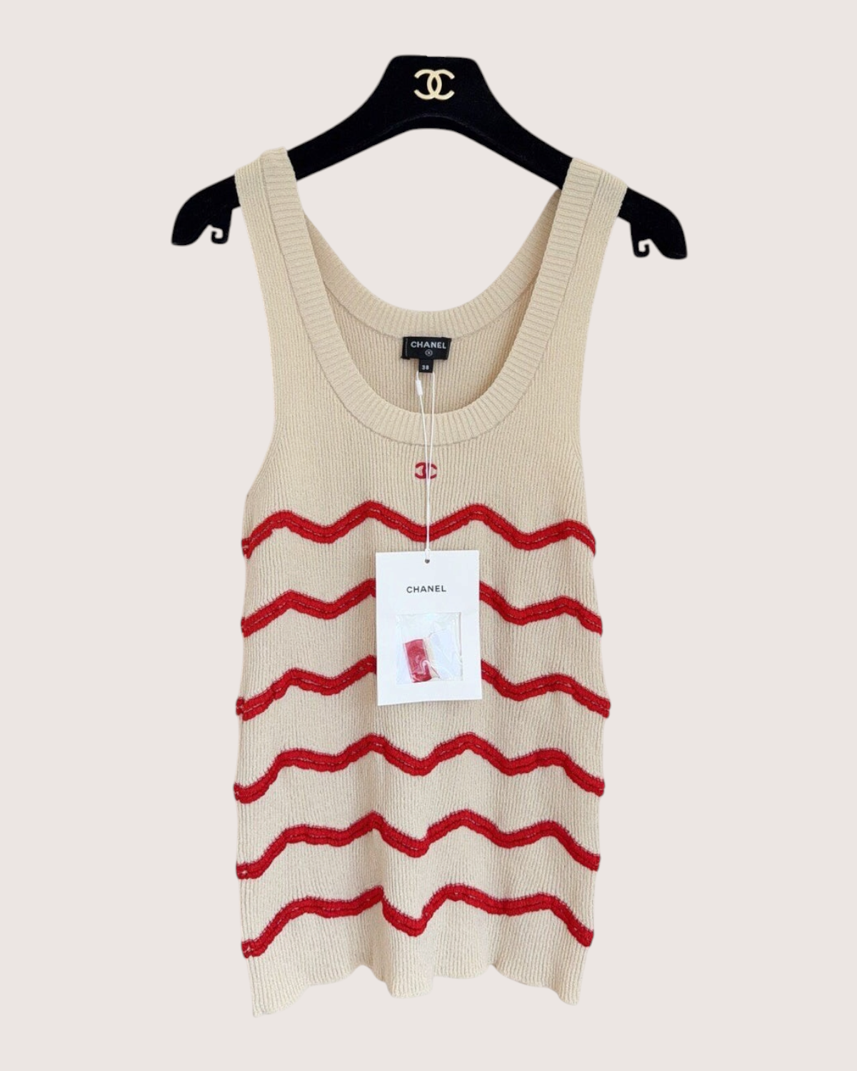 Chanel 26M Coco Beach Wave-Stripe Tank Top Beige/Ecru, Red FR 38