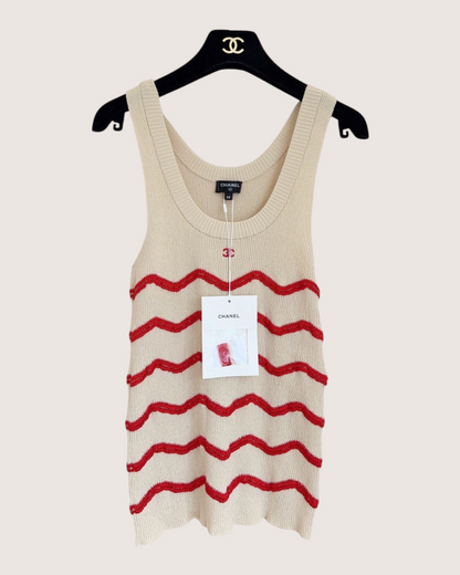 Chanel 26M Coco Beach Wave-Stripe Tank Top Beige/Ecru, Red FR 38