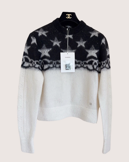 Chanel 23N Coco Neige Cashmere Star Motif Sweater Black, Beige/Ecru FR 34