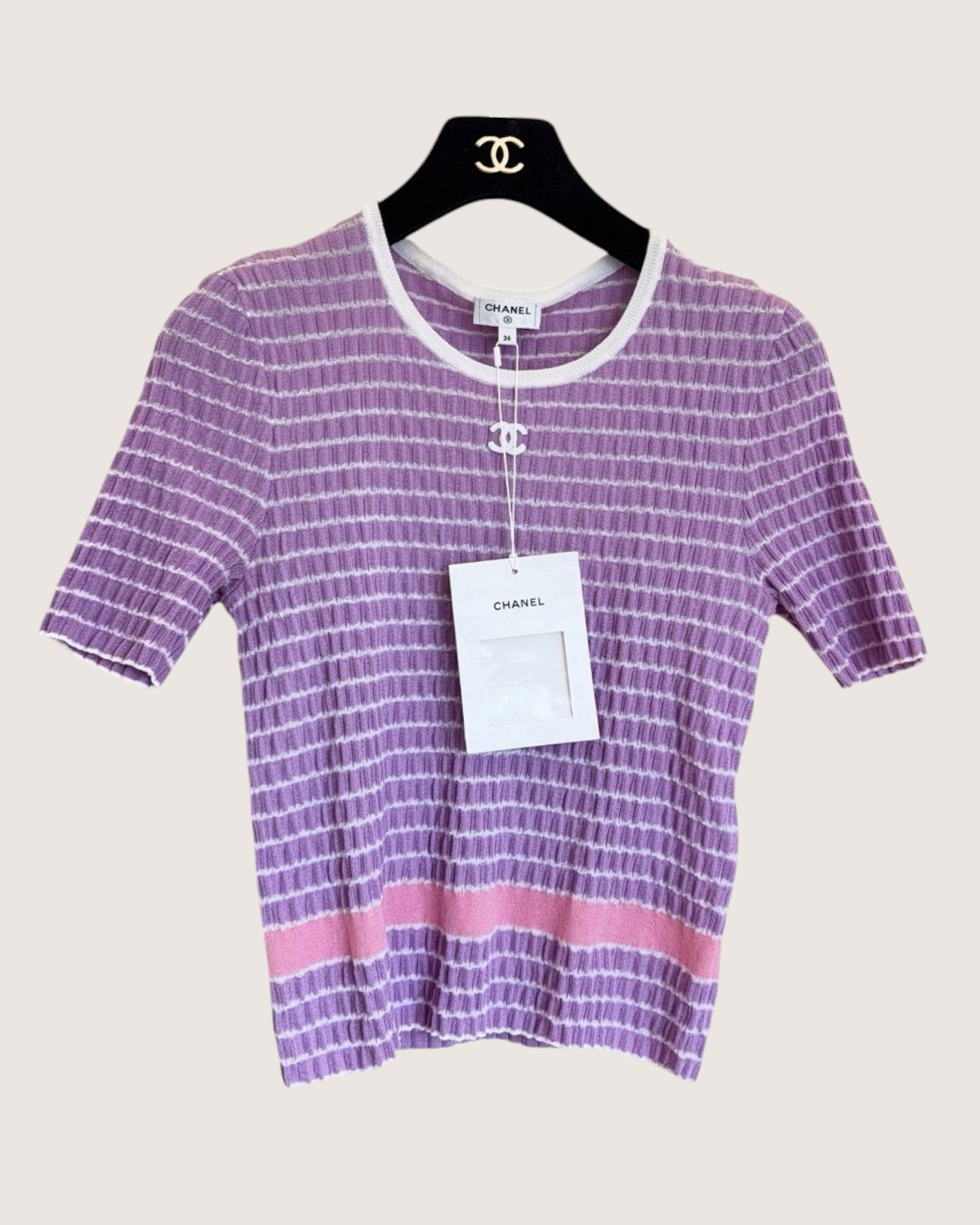 Chanel 24P Striped Short-Sleeve Top Purple, White, Pink FR 34