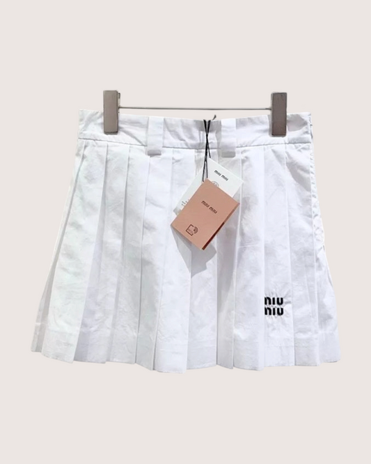 Miu Miu Embroidered Logo Pleated Mini Skirt White FR 36
